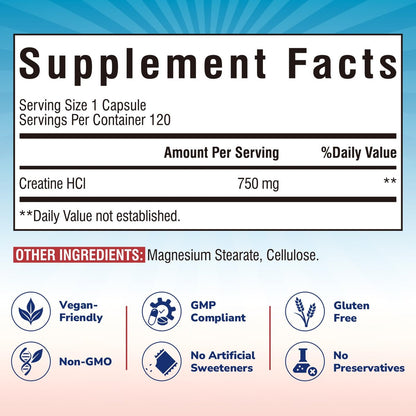 Vitalibre Creatine HCl Kapseln, 750 mg – Hochabsorbierendes Creatinhydrochlorid für Ausdauer & Kraft, schnell absorbierend, ohne Ladephase, ohne Blähungen, Alternative zu Monohydrat, einmal täglich, 120 Kapseln