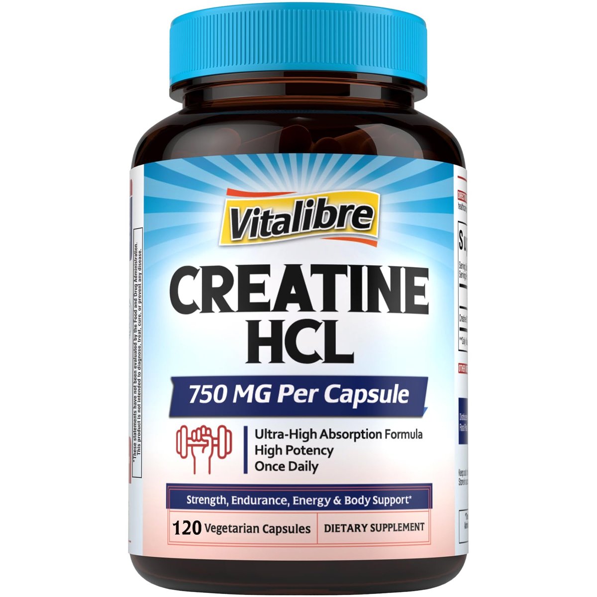 Vitalibre Creatine HCl Kapseln, 750 mg – Hochabsorbierendes Creatinhydrochlorid für Ausdauer & Kraft, schnell absorbierend, ohne Ladephase, ohne Blähungen, Alternative zu Monohydrat, einmal täglich, 120 Kapseln