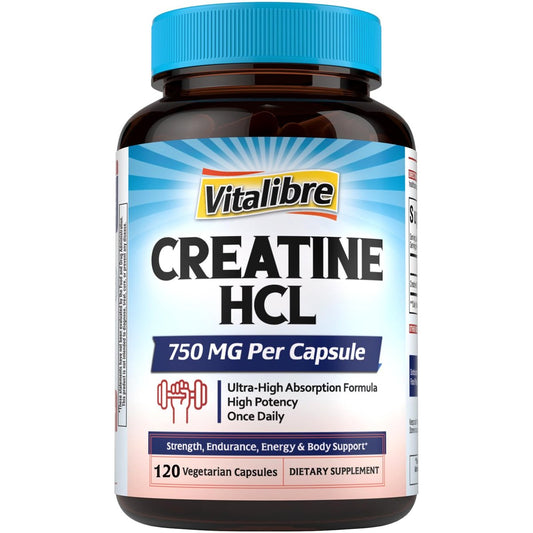 Vitalibre Creatine HCl Kapseln, 750 mg – Hochabsorbierendes Creatinhydrochlorid für Ausdauer & Kraft, schnell absorbierend, ohne Ladephase, ohne Blähungen, Alternative zu Monohydrat, einmal täglich, 120 Kapseln