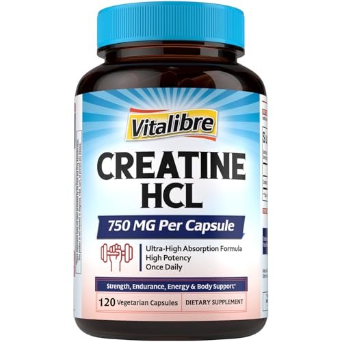 Vitalibre Creatine HCl Kapseln, 750 mg – Hochabsorbierendes Creatinhydrochlorid für Ausdauer & Kraft, schnell absorbierend, ohne Ladephase, ohne Blähungen, Alternative zu Monohydrat, einmal täglich, 120 Kapseln