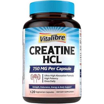 Vitalibre Creatine HCl Kapseln, 750 mg – Hochabsorbierendes Creatinhydrochlorid für Ausdauer & Kraft, schnell absorbierend, ohne Ladephase, ohne Blähungen, Alternative zu Monohydrat, einmal täglich, 120 Kapseln
