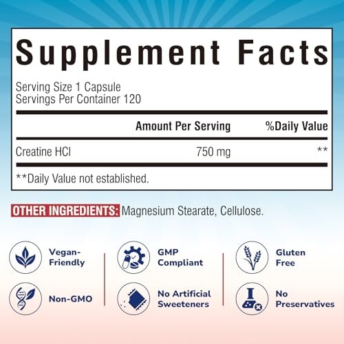 Vitalibre Creatine HCl Kapseln, 750 mg – Hochabsorbierendes Creatinhydrochlorid für Ausdauer & Kraft, schnell absorbierend, ohne Ladephase, ohne Blähungen, Alternative zu Monohydrat, einmal täglich, 120 Kapseln