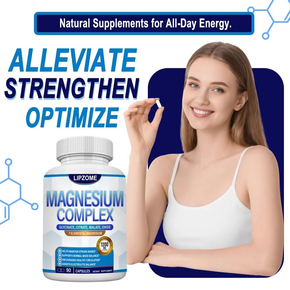 Magnesium Komplex 1200mg – 7-in-1 Magnesiummischung mit Glycinat, Citrat, Malat, Taurat, Oxid, Aspartat, Orotat – Hochabsorbierend, Nicht-GMO, 90 Kapseln
