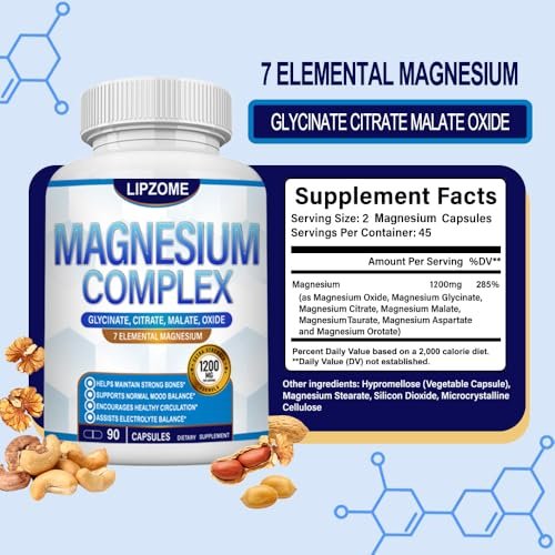 Magnesium Komplex 1200mg – 7-in-1 Magnesiummischung mit Glycinat, Citrat, Malat, Taurat, Oxid, Aspartat, Orotat – Hochabsorbierend, Nicht-GMO, 90 Kapseln