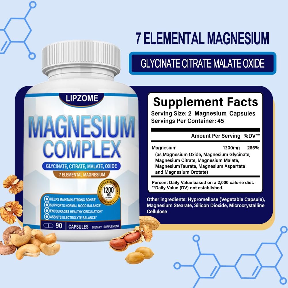 Magnesium Komplex 1200mg – 7-in-1 Magnesiummischung mit Glycinat, Citrat, Malat, Taurat, Oxid, Aspartat, Orotat – Hochabsorbierend, Nicht-GMO, 90 Kapseln