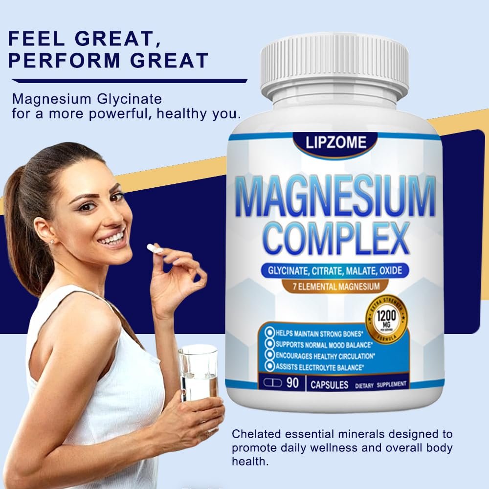 Magnesium Komplex 1200mg – 7-in-1 Magnesiummischung mit Glycinat, Citrat, Malat, Taurat, Oxid, Aspartat, Orotat – Hochabsorbierend, Nicht-GMO, 90 Kapseln