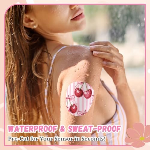 Geiserailie 30 Stück selbstklebende Pflaster für Libre 3, vorgeschnittene Blumenmuster, rosa Schleife, kein Kleber in der Mitte, Sensorabdeckung für kontinuierlichen Glukosemonitor, langlebig, flexibel, atmungsaktiv