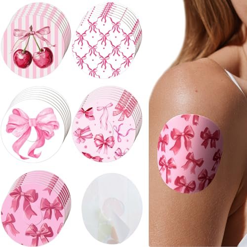 Geiserailie 30 Stück selbstklebende Pflaster für Libre 3, vorgeschnittene Blumenmuster, rosa Schleife, kein Kleber in der Mitte, Sensorabdeckung für kontinuierlichen Glukosemonitor, langlebig, flexibel, atmungsaktiv