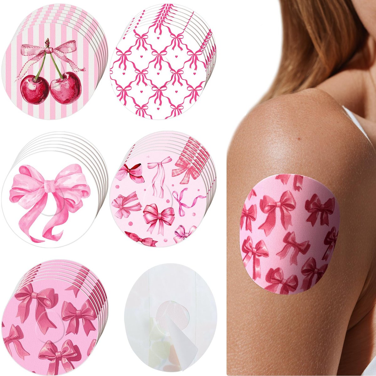 Geiserailie 30 Stück selbstklebende Pflaster für Libre 3, vorgeschnittene Blumenmuster, rosa Schleife, kein Kleber in der Mitte, Sensorabdeckung für kontinuierlichen Glukosemonitor, langlebig, flexibel, atmungsaktiv