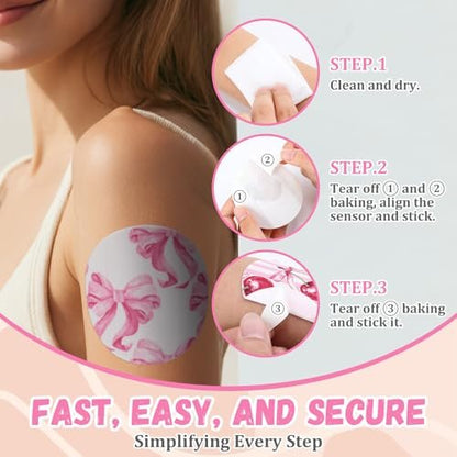 Geiserailie 30 Stück selbstklebende Pflaster für Libre 3, vorgeschnittene Blumenmuster, rosa Schleife, kein Kleber in der Mitte, Sensorabdeckung für kontinuierlichen Glukosemonitor, langlebig, flexibel, atmungsaktiv