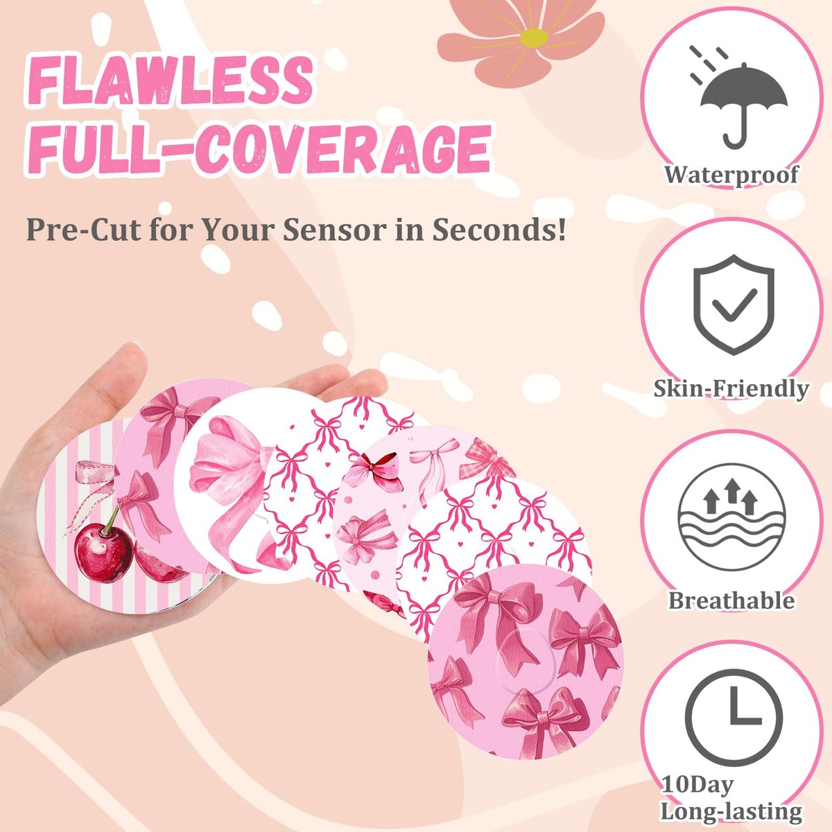 Geiserailie 30 Stück Klebepflaster für Dexcom G7 – Vorgeschnittene Blumenmotive Pink Bow – Kein Kleber in der Mitte – Sensorabdeckung für kontinuierlichen Glukosemonitor – Langzeitfixierung – Flexibel & Atmungsaktiv