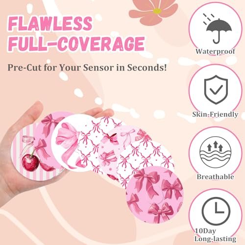 Geiserailie 30 Stück Klebepflaster für Dexcom G7 – Vorgeschnittene Blumenmotive Pink Bow – Kein Kleber in der Mitte – Sensorabdeckung für kontinuierlichen Glukosemonitor – Langzeitfixierung – Flexibel & Atmungsaktiv