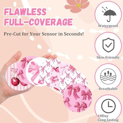 Geiserailie 30 Stück Klebepflaster für Dexcom G7 – Vorgeschnittene Blumenmotive Pink Bow – Kein Kleber in der Mitte – Sensorabdeckung für kontinuierlichen Glukosemonitor – Langzeitfixierung – Flexibel & Atmungsaktiv