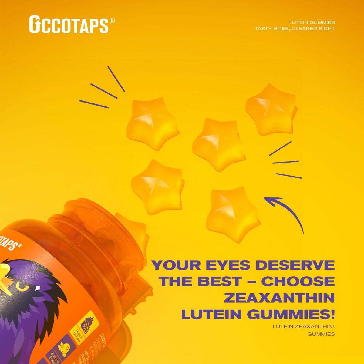Occotaps Lutein & Zeaxanthin Augen-Vitamine Gummis für die tägliche Augengesundheit – 20 mg Lutein, zuckerfrei, hochdosiert mit Heidelbeerextrakt, Blaulichtschutz, sternförmige Gummis, 60 Stück