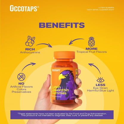 Occotaps Lutein & Zeaxanthin Augen-Vitamine Gummis für die tägliche Augengesundheit – 20 mg Lutein, zuckerfrei, hochdosiert mit Heidelbeerextrakt, Blaulichtschutz, sternförmige Gummis, 60 Stück