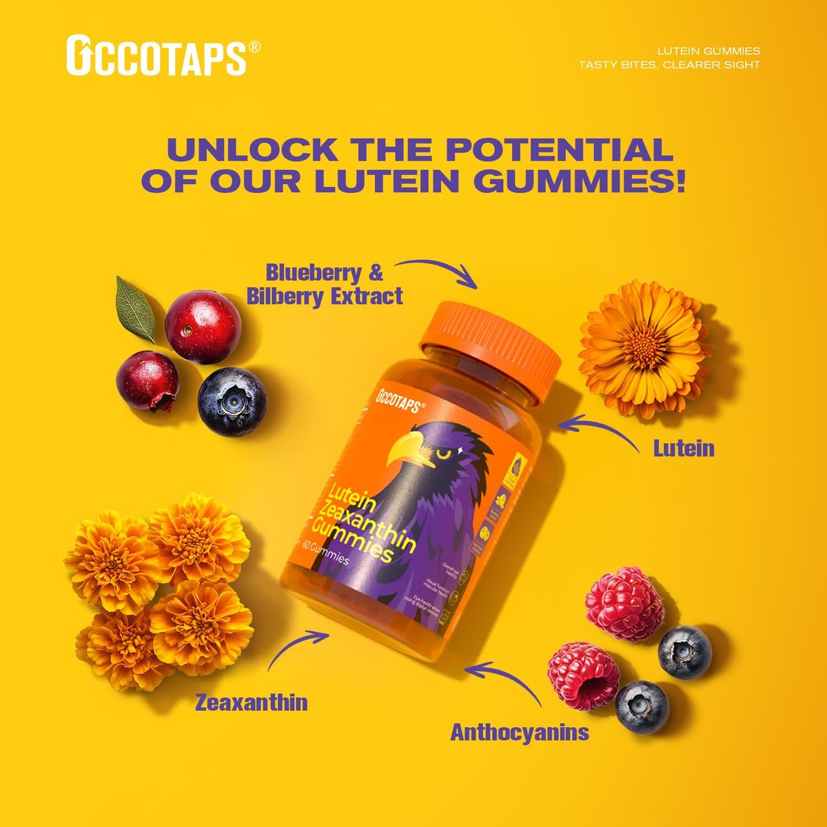 Occotaps Lutein & Zeaxanthin Augen-Vitamine Gummis für die tägliche Augengesundheit – 20 mg Lutein, zuckerfrei, hochdosiert mit Heidelbeerextrakt, Blaulichtschutz, sternförmige Gummis, 60 Stück