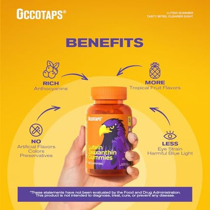 Occotaps Lutein & Zeaxanthin Augen-Vitamine Gummis für die tägliche Augengesundheit – 20 mg Lutein, zuckerfrei, hochdosiert mit Heidelbeerextrakt, Blaulichtschutz, sternförmige Gummis, 60 Stück