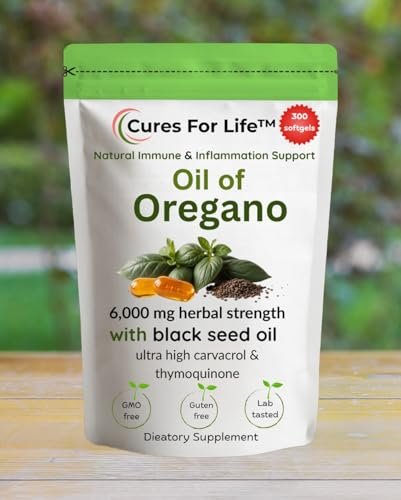 Cures For Life Oreganoöl Softgels – 6000mg Hochpotenz mit 165mg Carvacrol & 200mg Schwarzkümmelöl – 2-in-1 Immununterstützung & Verdauungsgesundheit – 300 Softgels – Oreganoöl Kapseln Nahrungsergänzungsmittel