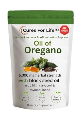 Cures For Life Oreganoöl Softgels – 6000mg Hochpotenz mit 165mg Carvacrol & 200mg Schwarzkümmelöl – 2-in-1 Immununterstützung & Verdauungsgesundheit – 300 Softgels – Oreganoöl Kapseln Nahrungsergänzungsmittel