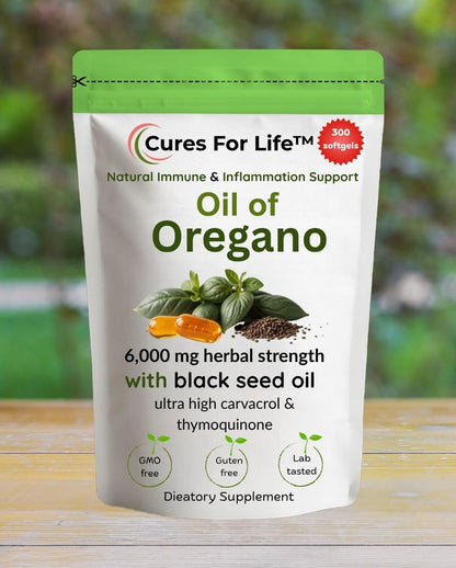 Cures For Life Oreganoöl Softgels – 6000mg Hochpotenz mit 165mg Carvacrol & 200mg Schwarzkümmelöl – 2-in-1 Immununterstützung & Verdauungsgesundheit – 300 Softgels – Oreganoöl Kapseln Nahrungsergänzungsmittel