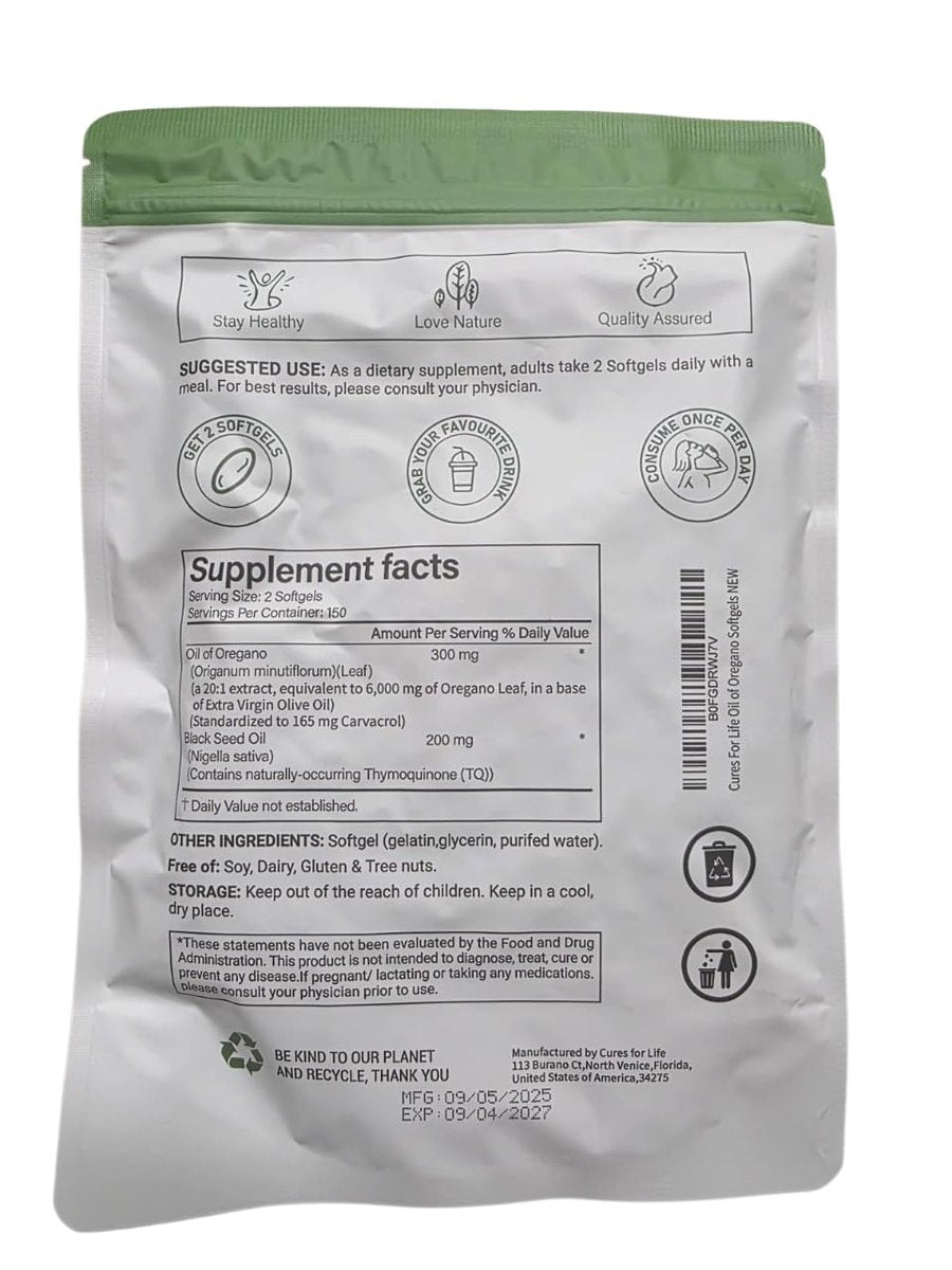 Cures For Life Oreganoöl Softgels – 6000mg Hochpotenz mit 165mg Carvacrol & 200mg Schwarzkümmelöl – 2-in-1 Immununterstützung & Verdauungsgesundheit – 300 Softgels – Oreganoöl Kapseln Nahrungsergänzungsmittel