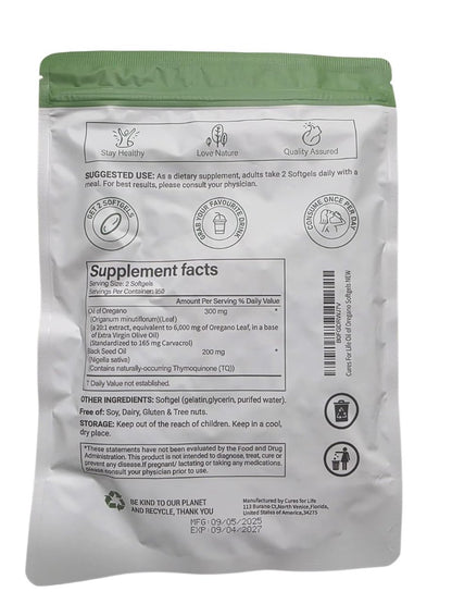 Cures For Life Oreganoöl Softgels – 6000mg Hochpotenz mit 165mg Carvacrol & 200mg Schwarzkümmelöl – 2-in-1 Immununterstützung & Verdauungsgesundheit – 300 Softgels – Oreganoöl Kapseln Nahrungsergänzungsmittel