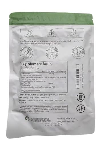 Cures For Life Oreganoöl Softgels – 6000mg Hochpotenz mit 165mg Carvacrol & 200mg Schwarzkümmelöl – 2-in-1 Immununterstützung & Verdauungsgesundheit – 300 Softgels – Oreganoöl Kapseln Nahrungsergänzungsmittel
