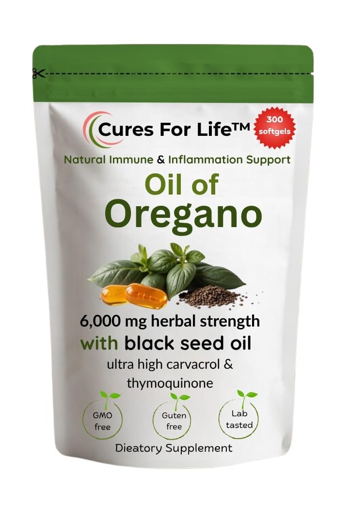 Cures For Life Oreganoöl Softgels – 6000mg Hochpotenz mit 165mg Carvacrol & 200mg Schwarzkümmelöl – 2-in-1 Immununterstützung & Verdauungsgesundheit – 300 Softgels – Oreganoöl Kapseln Nahrungsergänzungsmittel
