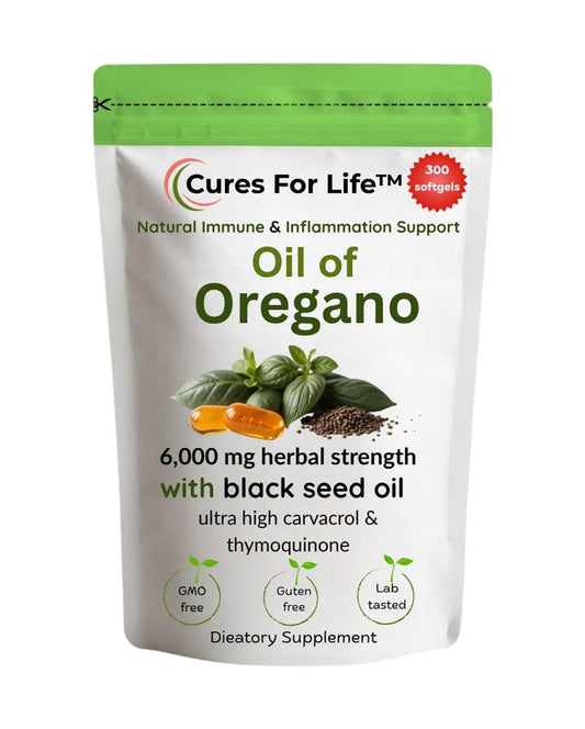 Cures For Life Oreganoöl Softgels – 6000mg Hochpotenz mit 165mg Carvacrol & 200mg Schwarzkümmelöl – 2-in-1 Immununterstützung & Verdauungsgesundheit – 300 Softgels – Oreganoöl Kapseln Nahrungsergänzungsmittel