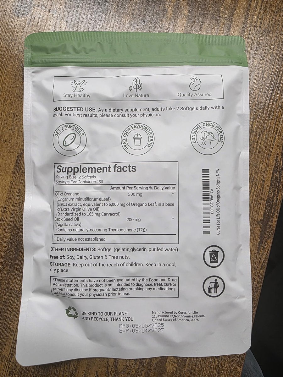 Cures For Life Oreganoöl Softgels – 6000mg Hochpotenz mit 165mg Carvacrol & 200mg Schwarzkümmelöl – 2-in-1 Immununterstützung & Verdauungsgesundheit – 300 Softgels – Oreganoöl Kapseln Nahrungsergänzungsmittel
