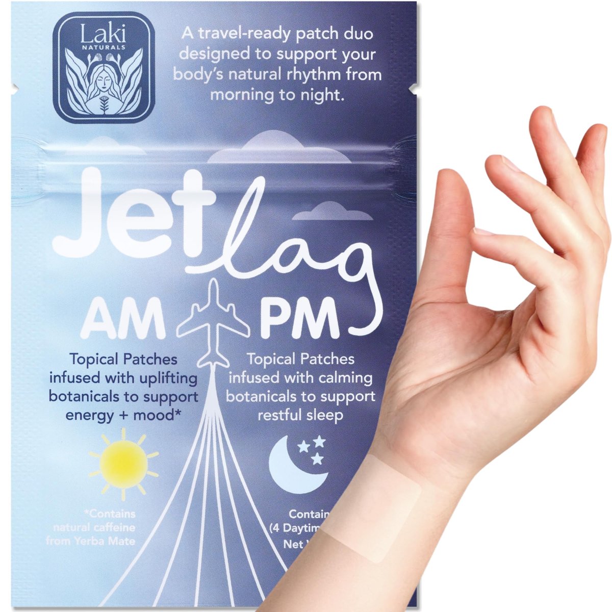 Laki Naturals Jet Lag AM & PM Travel Patches (1 Pack, 8 Stück) – Natürliche Tages- & Nachtunterstützung für Reisende – Energie, Fokus & erholsamer Schlaf – mit B12, Baldrian, Lavendel & mehr