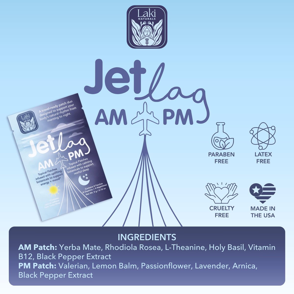 Laki Naturals Jet Lag AM & PM Travel Patches (1 Pack, 8 Stück) – Natürliche Tages- & Nachtunterstützung für Reisende – Energie, Fokus & erholsamer Schlaf – mit B12, Baldrian, Lavendel & mehr