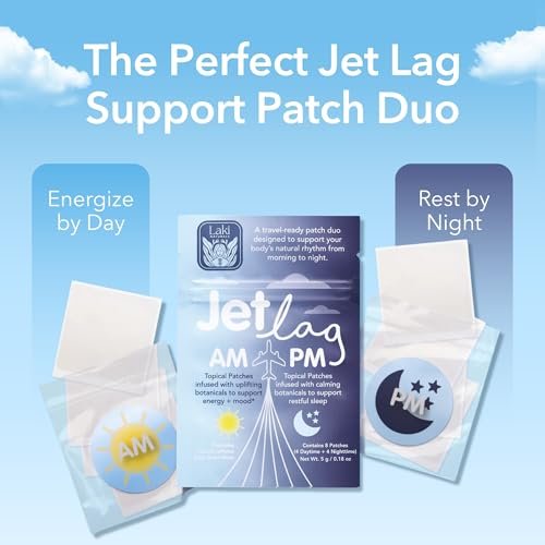 Laki Naturals Jet Lag AM & PM Travel Patches (1 Pack, 8 Stück) – Natürliche Tages- & Nachtunterstützung für Reisende – Energie, Fokus & erholsamer Schlaf – mit B12, Baldrian, Lavendel & mehr