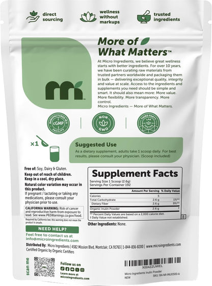 Micro Ingredients Bio Inulin FOS Faserpulver, 500 g | Schnell lösliches wasserlösliches Präbiotikum | Naturbelassen ohne Geschmack für Joghurt, Smoothies & Getränke | Vegan, klar lösend, Nicht-GVO