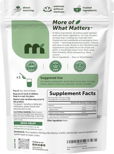 Micro Ingredients Bio Inulin FOS Faserpulver, 500 g | Schnell lösliches wasserlösliches Präbiotikum | Naturbelassen ohne Geschmack für Joghurt, Smoothies & Getränke | Vegan, klar lösend, Nicht-GVO