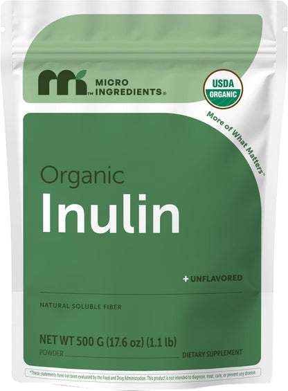 Micro Ingredients Bio Inulin FOS Faserpulver, 500 g | Schnell lösliches wasserlösliches Präbiotikum | Naturbelassen ohne Geschmack für Joghurt, Smoothies & Getränke | Vegan, klar lösend, Nicht-GVO