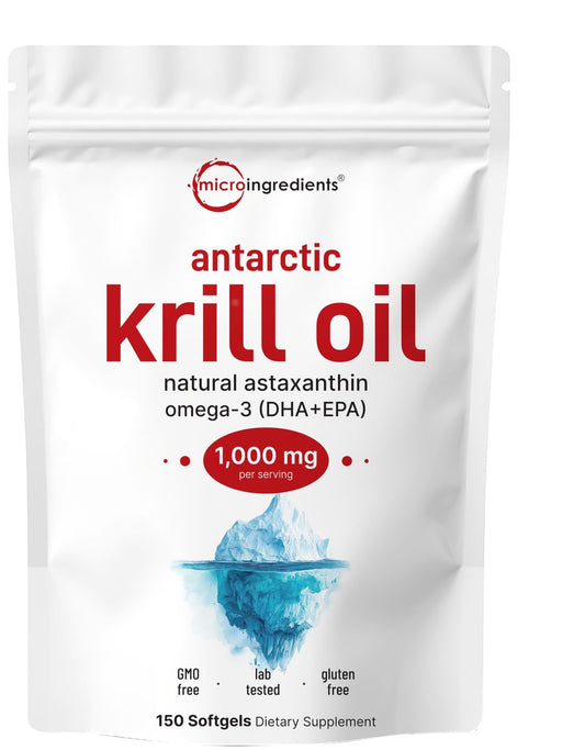 Micro Ingredients Antarktischer Krillöl Komplex mit natürlichem Astaxanthin, 1000 mg pro Portion, 150 Weichkapseln, reich an Omega-3 EPA & DHA, unterstützt Immunsystem & Gehirngesundheit, leicht zu schlucken