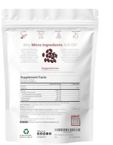 Micro Ingredients Antarktischer Krillöl Komplex mit natürlichem Astaxanthin, 1000 mg pro Portion, 150 Weichkapseln, reich an Omega-3 EPA & DHA, unterstützt Immunsystem & Gehirngesundheit, leicht zu schlucken