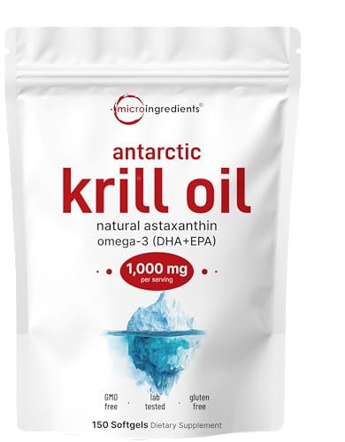 Micro Ingredients Antarktischer Krillöl Komplex mit natürlichem Astaxanthin, 1000 mg pro Portion, 150 Weichkapseln, reich an Omega-3 EPA & DHA, unterstützt Immunsystem & Gehirngesundheit, leicht zu schlucken