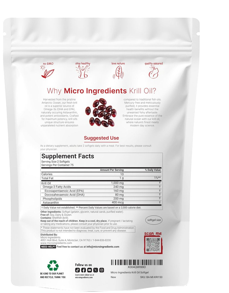 Micro Ingredients Antarktischer Krillöl Komplex mit natürlichem Astaxanthin, 1000 mg pro Portion, 150 Weichkapseln, reich an Omega-3 EPA & DHA, unterstützt Immunsystem & Gehirngesundheit, leicht zu schlucken