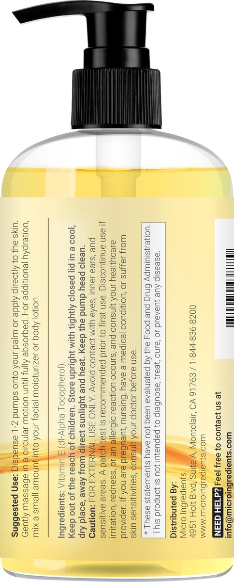 Micro Ingredients Bulk Size Reines Vitamin E Öl 40.000 IE, 480 ml – Tiefenfeuchtigkeitsspendendes Haut-, Gesichts- und Haaröl für trockene Haut, Narben und Dehnungsstreifen – Duftfrei, Nicht-GVO, Tierversuchsfrei