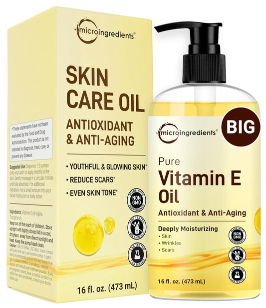 Micro Ingredients Bulk Size Reines Vitamin E Öl 40.000 IE, 480 ml – Tiefenfeuchtigkeitsspendendes Haut-, Gesichts- und Haaröl für trockene Haut, Narben und Dehnungsstreifen – Duftfrei, Nicht-GVO, Tierversuchsfrei