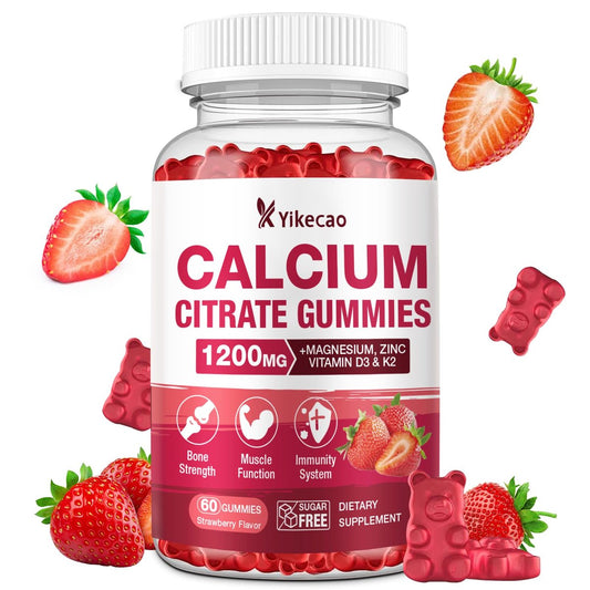 Calcium Citrat Gummies 1200mg – Calcium Gummies für Frauen & Männer mit Vitamin D3, K2, Magnesium, Zink, Kalium – Erdbeergeschmack, 60 Stück