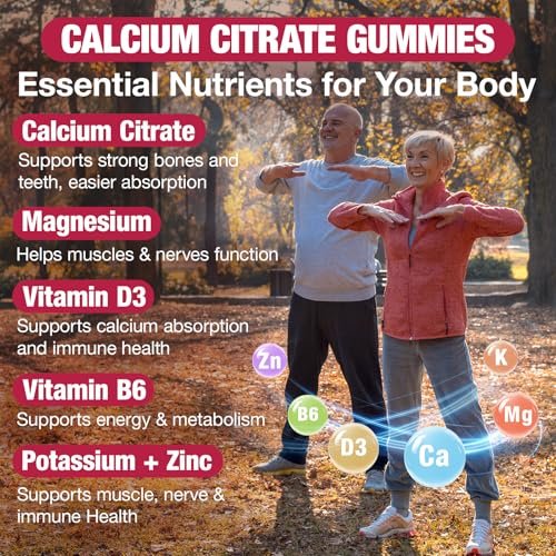 Calcium Citrat Gummies 1200mg – Calcium Gummies für Frauen & Männer mit Vitamin D3, K2, Magnesium, Zink, Kalium – Erdbeergeschmack, 60 Stück