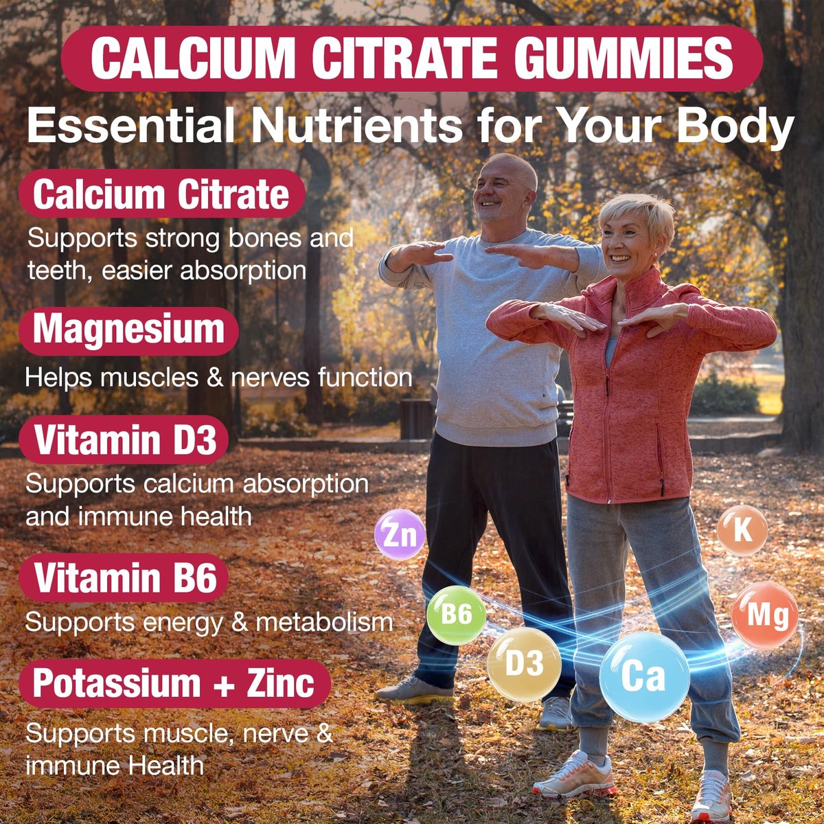 Calcium Citrat Gummies 1200mg – Calcium Gummies für Frauen & Männer mit Vitamin D3, K2, Magnesium, Zink, Kalium – Erdbeergeschmack, 60 Stück