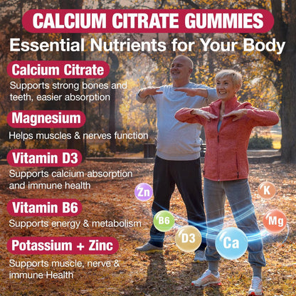 Calcium Citrat Gummies 1200mg – Calcium Gummies für Frauen & Männer mit Vitamin D3, K2, Magnesium, Zink, Kalium – Erdbeergeschmack, 60 Stück