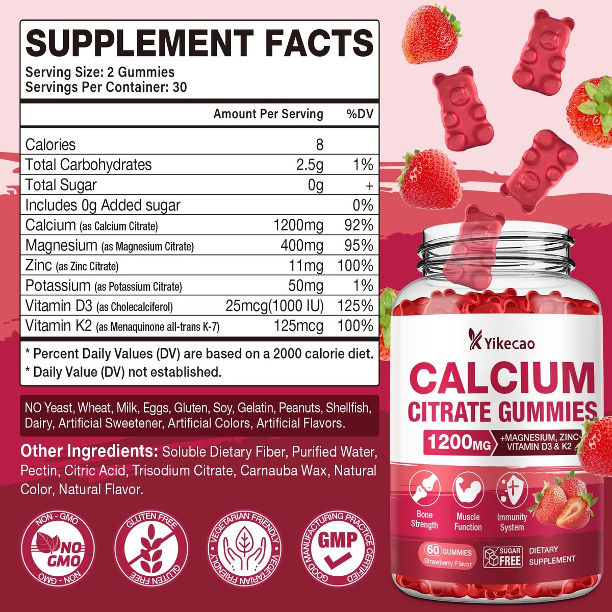 Calcium Citrat Gummies 1200mg – Calcium Gummies für Frauen & Männer mit Vitamin D3, K2, Magnesium, Zink, Kalium – Erdbeergeschmack, 60 Stück