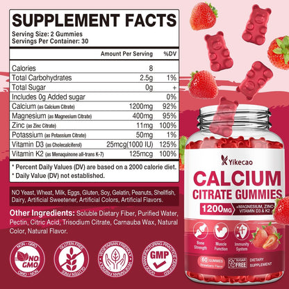 Calcium Citrat Gummies 1200mg – Calcium Gummies für Frauen & Männer mit Vitamin D3, K2, Magnesium, Zink, Kalium – Erdbeergeschmack, 60 Stück