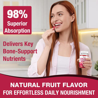 Calcium Citrat Gummies 1200mg – Calcium Gummies für Frauen & Männer mit Vitamin D3, K2, Magnesium, Zink, Kalium – Erdbeergeschmack, 60 Stück