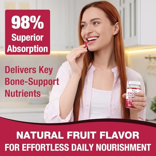 Calcium Citrat Gummies 1200mg – Calcium Gummies für Frauen & Männer mit Vitamin D3, K2, Magnesium, Zink, Kalium – Erdbeergeschmack, 60 Stück